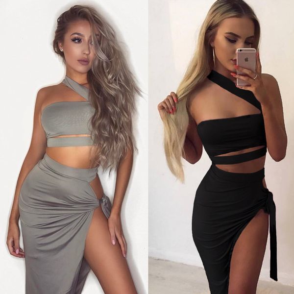 

womens designer fashion dressstrap tube two-piece black gray split nightclub dress442i