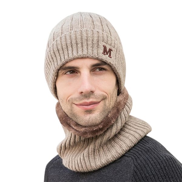 

autumn and winter men's warm fluffy knitted hat beanie hat scarf set neck headdress, Black
