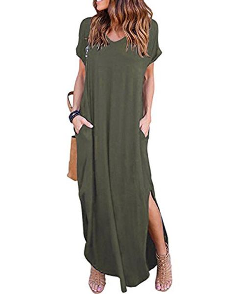

women's v-neck casual long dresses loose with pockets short sleeve split maxi dress, Black;gray