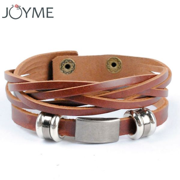 

joyme new arrival brown and black leather wrap bracelet for men male jewelry cool stainless steel bracelet, Golden;silver