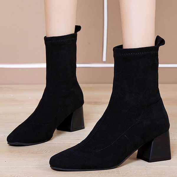 

35#autumn fashion women flock suqare heels slip-on middle tube boot round toe shoes botines de mujer, Black