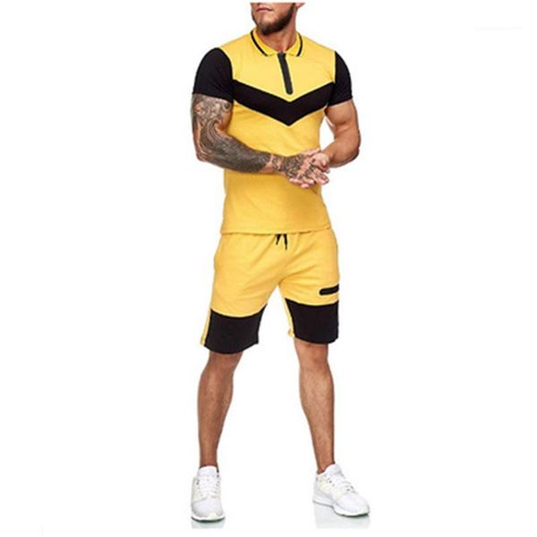 

casual outdoor fitness sports color matching tshirt shorts colorblock zipper slim set summer men lapel neck short sleeve sports suit, Gray