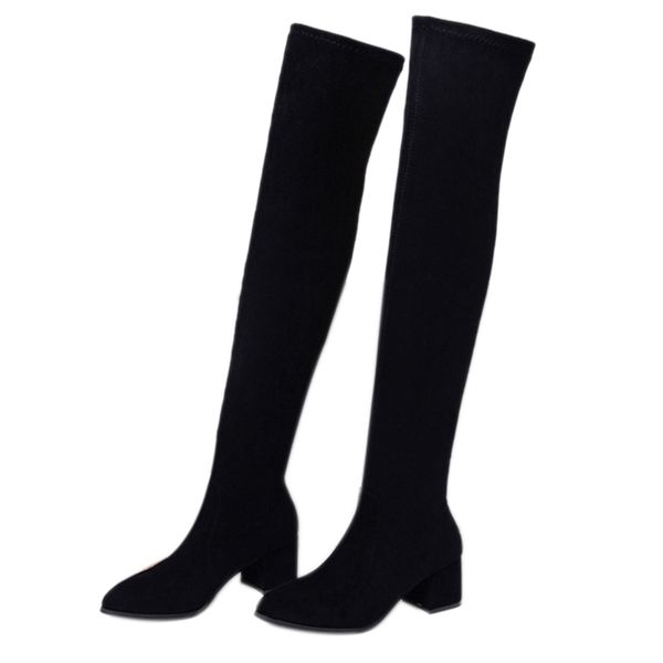 

fggs-women's boots over-the-knee boots fashion stretch sleeve suede comfortable square heels, Black