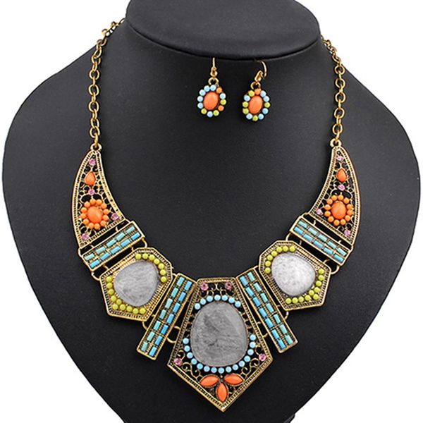 

2019 vintage women's boho colorful hollow statement chain choker necklace hook earrings set, Silver
