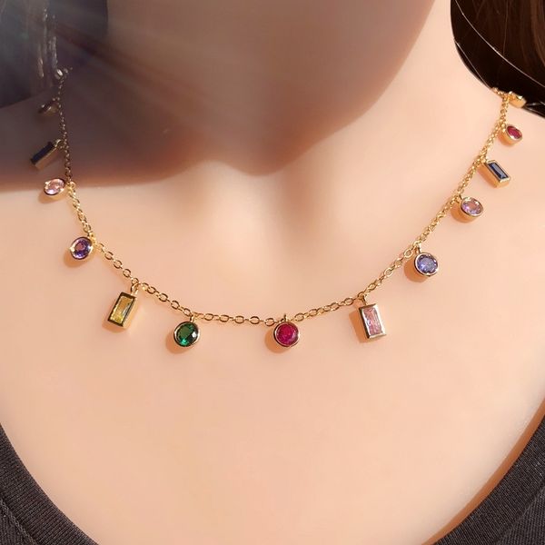 

colorful zirconia stone round geometric pendant necklaces women multicolor crystal gold chain choker necklace women boho jewelry, Silver