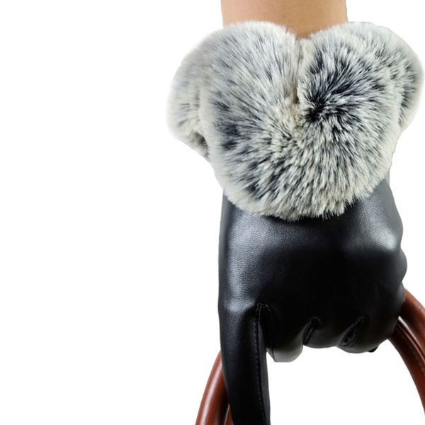 

fashion-autumn gloves women genuine fur pu leather warm gloves black mittens winter ladies full palm touched velvet ladies, Blue;gray