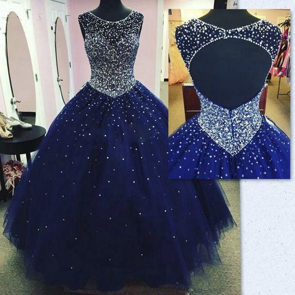 

modest sparkly dark blue prom dress quinceanera dresses masquerade sheer neck open back bling crystal pageant dresses, White;black