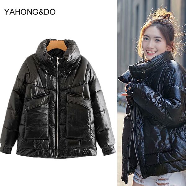 

women winter jacket coat 2019 new fashion zipper pocket cotton-paded korean oversize thick silver bright short warmparka, Black