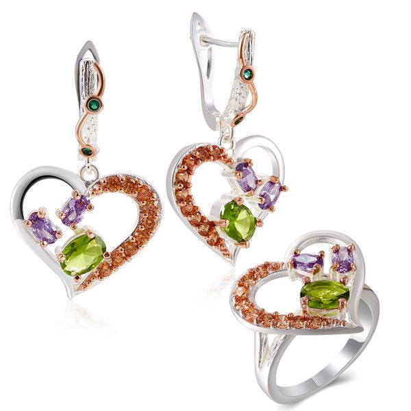 

wedding anniversary gift for wife heart shape earrings ring jewellery set romantic multi color 2pcs jewelry sets, Silver
