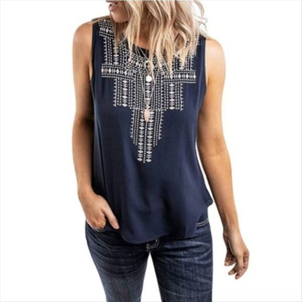 

women's round collar sleeveless women's embroidered t-shirt embroidered round collar sleeveless t-shirt top, White