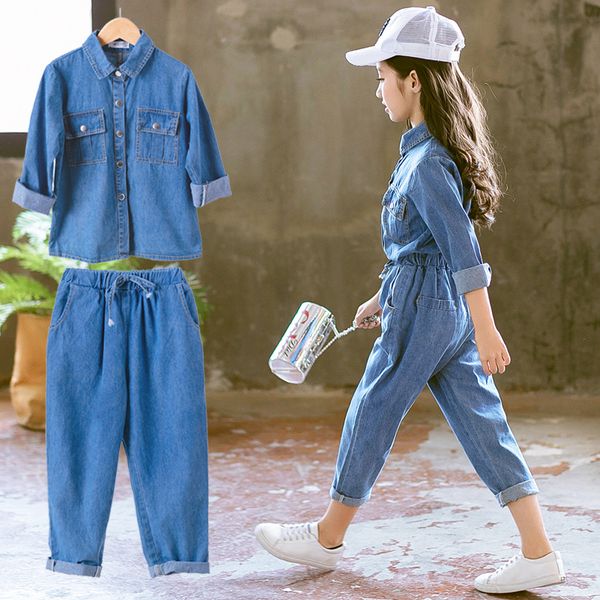 

children clothing set for girls teenage clothes autumn jeans long sleeve blouse + denim pant 2pcs fashion back to school outfits, White