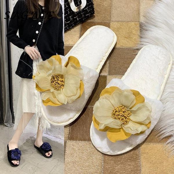 

sagace home slippers women girls summer flat sandals furry slides flower slip on casual indoor house shoes female slippers, Black