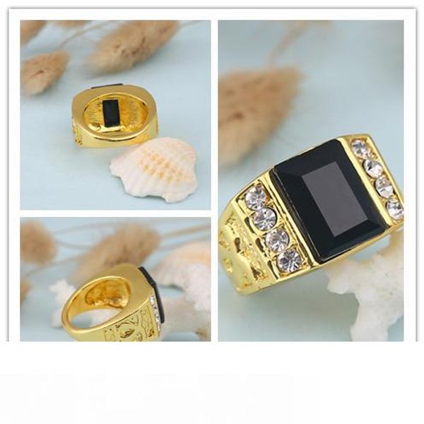 

плюс размер золотое кольцо для мужчины черный драгоценный камень мужчины кольцо классический горный хрусталь кольцо европа кольца ювелирные, Golden;silver