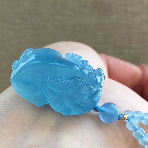 

genuine natural blue aquamarine pi xiu pendant gemstone clear crystal woman pendant necklace 31x20x15mm certificate, Silver