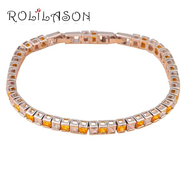 

rolilason graceful cubic design square cut yellow crystal zircon silver bracelet women fashion jewelry vintage style tb713, Golden;silver