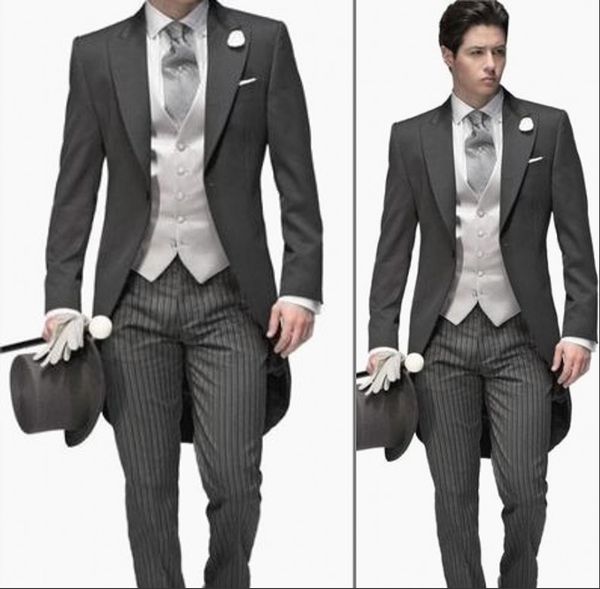 

dark grey groom tuxedos 2019 peak lapel custom made men's suit morning style groomsman wedding suits prom suits (jacket+pants+tie+vest), Black;gray