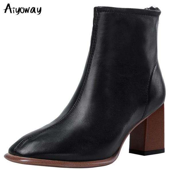 

new arrival sheepskin boots women ankle boots pointed toe fashion autumn shoes female zip high heels party ladies shoes aiyoway, Black