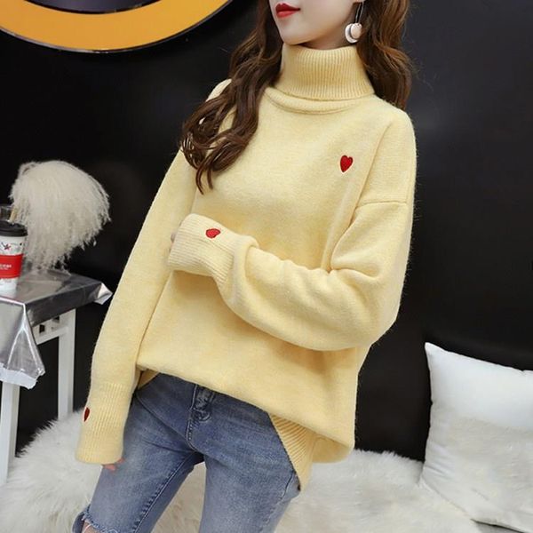 

turtleneck knit sweater women loose cute heart pattern pullovers casual long sleeve sweater pullover, White;black