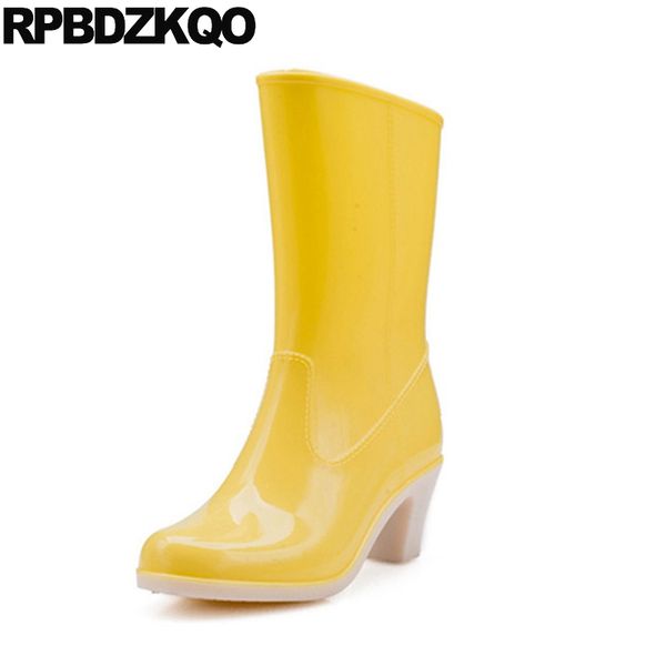 

yellow slip on rain chunky shoes jelly japanese fur candy boots winter waterproof pvc women rainboots mid calf high heel, Black