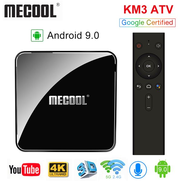 

google сертифицированный mecool km3 atv 4g 64g android 9.0 tv box amlogic s905x2 google voice input dual wifi bt4. 1 smart tv