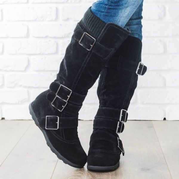 

puimentiua women knee snow boots metal buckle high heel boots thick fur shoes winter long women footwear, Black