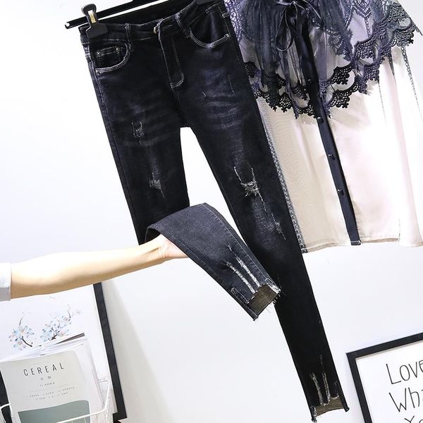 

new slim stretch high waist skinny jeans women scratch vintage black blue pencil pants women jeans