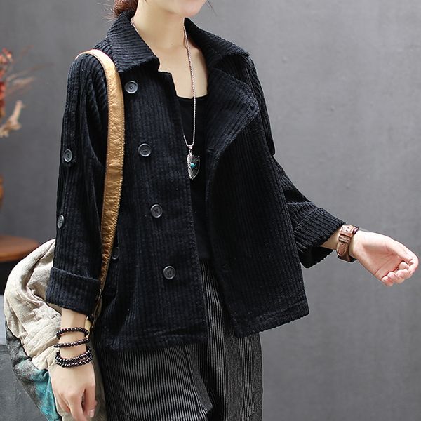 

women cotton corduroy jacket big lapel outwear big loose for autumn retro vintage fashion casual solid color az25192118, Black;brown