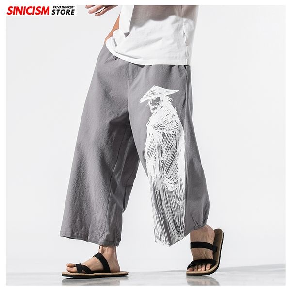 

sinicism store men print summer loose wide leg pants mens 2020 linen trousers male oversize chinese style casual pants oversize, Black