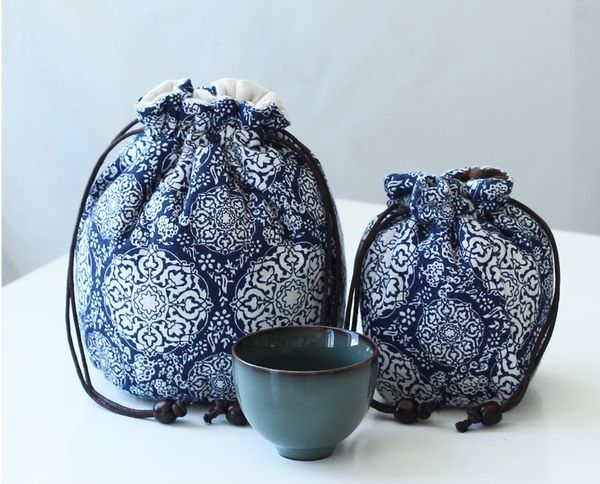 

portable thicken round linen jewelry pouch drawstring travel cosmetic bag cloth small cup tea set trinket storage pouch, Pink;blue