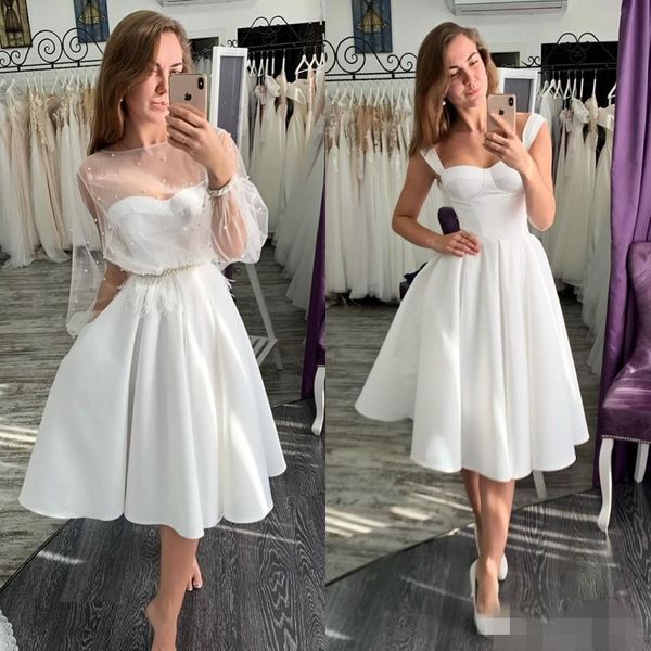 

2020 simple vintage wedding dresses short satin straps knee length a line country wedding bridal gown custom made vestido de novia, White