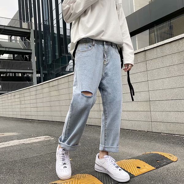 

men's jeans spring summer 2021 denim casual hip hoip mens korean style loose straight pants youth trend washed teenager light blue