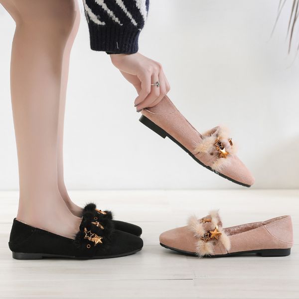 

metal rivets decortion fur shoes woman winter mink hair buckle belt strap moccasins ladies suede leather espadrilles big size 43, Black