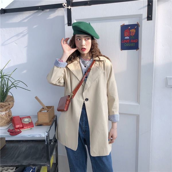 

2019 spring new korean version loose thin medium length single-breasted jacket women's casual simple wild jacket female l42, Black;brown