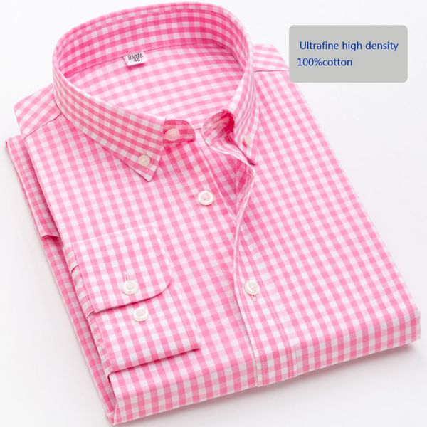 

high-end men's long sleeve 100% cotton buckle shirt men's plaid fashion casual shirt pink men, White;black
