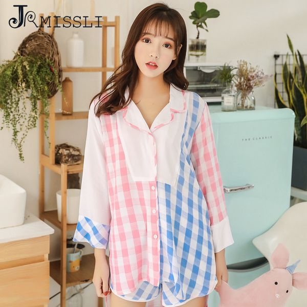 

rmissli cute women's pajama sets print 2 pieces set + shorts women plaid cotton satin plus size pajamas suit for women, Blue;gray