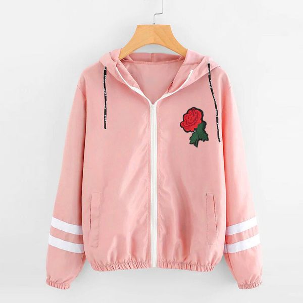 

women's windbreaker ladies long sleeve floral pockets jackets women 2019 hooded zipper pockets coat windbreaker female outwear, Black;brown