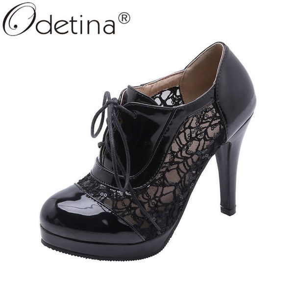 

odetina women new platform block extreme high heel wedding shoes ladies hollow out lace cross-tied lace up round toe party shoes, Black