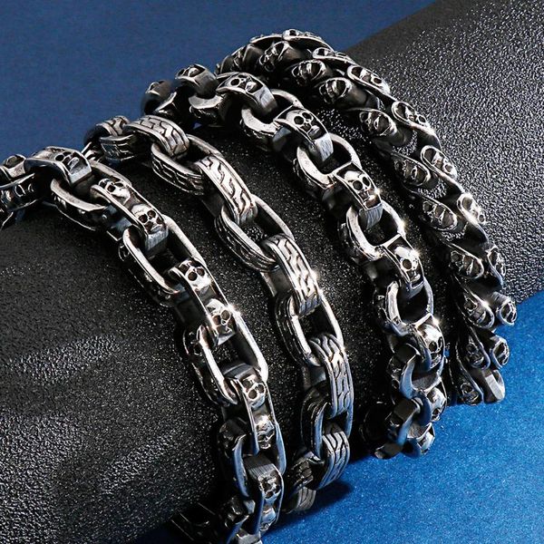 

link, chain gothic skull heads bracelet for men 316l stainless steel skeleton charm link mens bracelets 23cm long male biker jewelry, Black