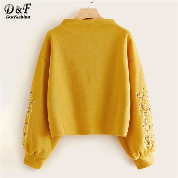 

dotfashion pink lantern sleeve floral embroidered sweatshirt women casual 2019 autumn bishop sleeve boat neck spring pullover, Black