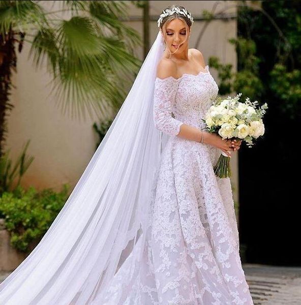 

2020 vintage wedding dresses with lace appliques scalloped neckline 3/4 sleeve a line court train elegant plus size bridal gowns for women, White