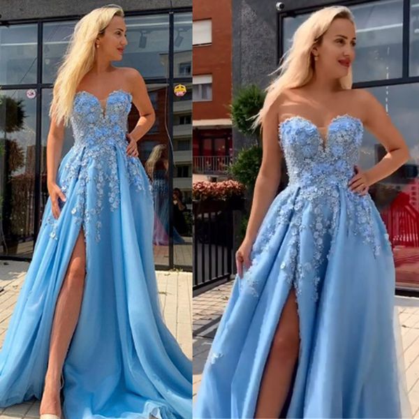 

front split blue satin prom dresses modest evening dress party pageant gowns strapless special occasion dress dubai robes de soire, Black;red