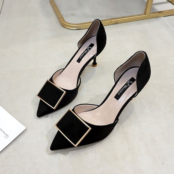 

new fashion square button girls high heels in the spring of 2019, Black