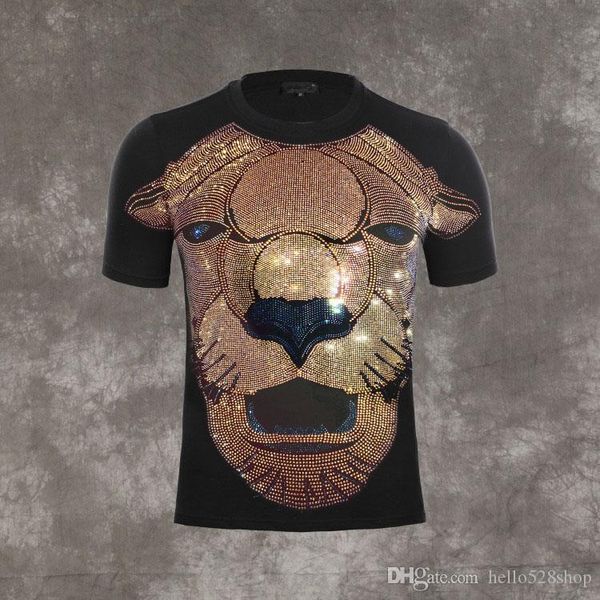 

personality rhinestone lion short sleeve round neck t-shirt for men designer brand shirt summer casual, White;black
