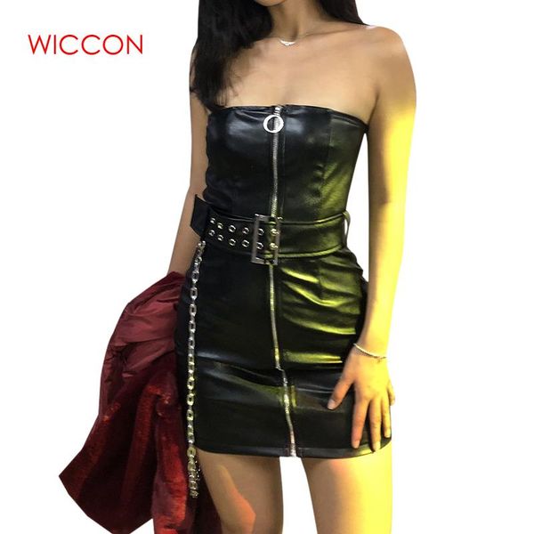 

women spring style black pu leather zipper skirts 2019 new fashion metal chain decoration punk girl sleeveless skirt