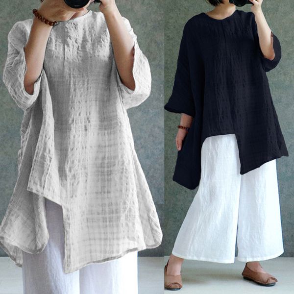 

designer womens blouses 4xl s 5xl women blouse linen 2019 long sleeve plaid vintage split baggy blusa femininas oversized shirt, White