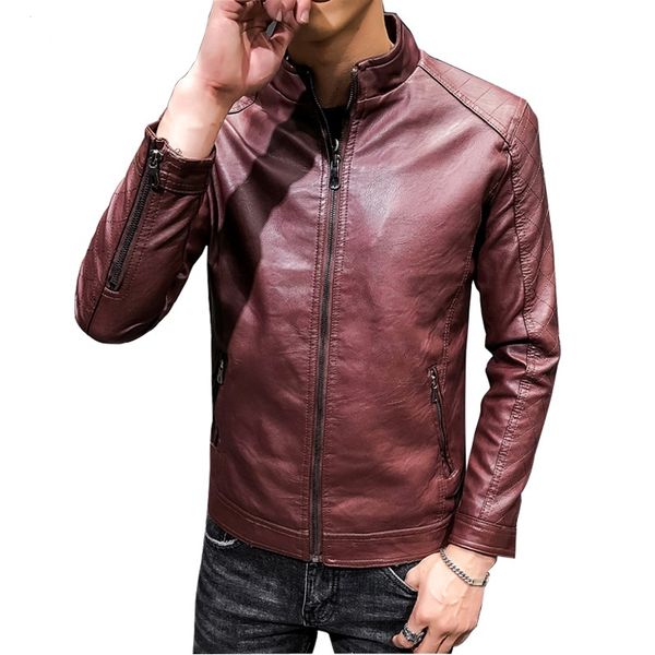 

zipper leather jacket men's stand collar solid color motorcycle fur coat fashion brand leather men's casual solid color coat, Black