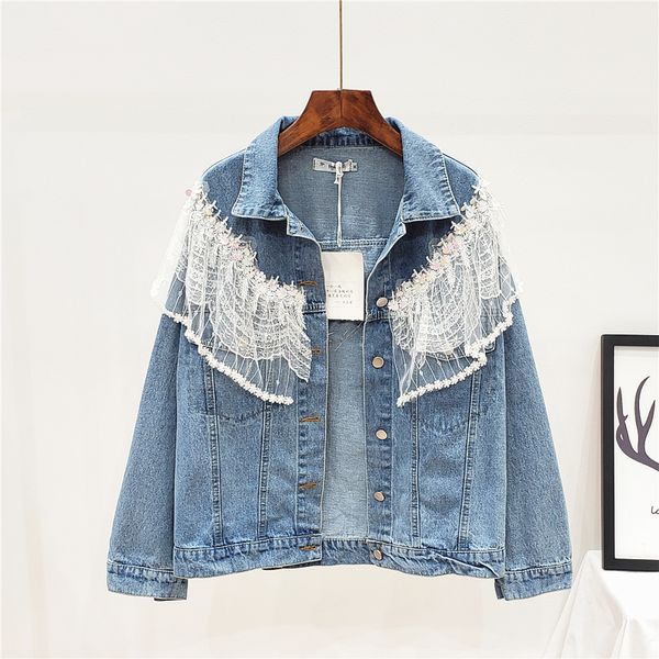 

heavy work beaded denim jacket female 2019 autumn new women's loose beautiful stitching mesh denim, Black;brown