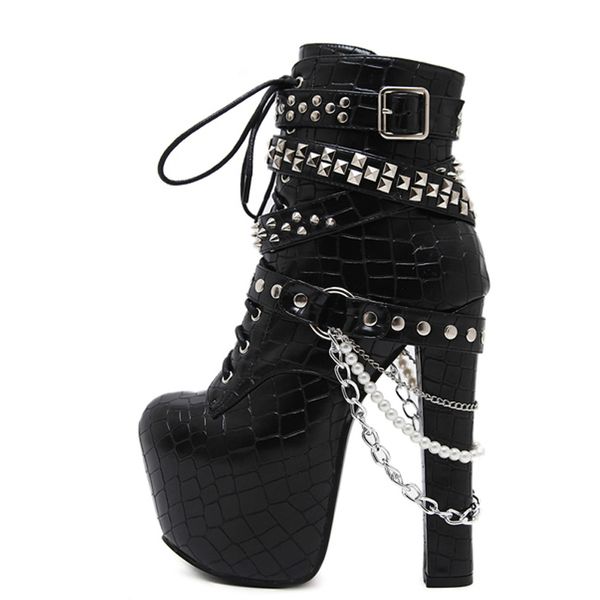 

zip metal chains rivet motorcycle boots women shoes super high heels platform ankle boots punk rock gothic biker, Black