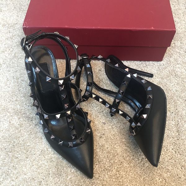 

fee new style designer heels red patent leather strappy wrap spikes rivets point toe high heels pumps lade women shoes, Black