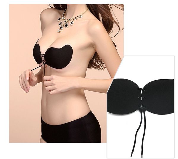 

women adhesive bra strapless bandage backless solid bra stick gel silicone push up mujer underwear invisible wedding, Red;black